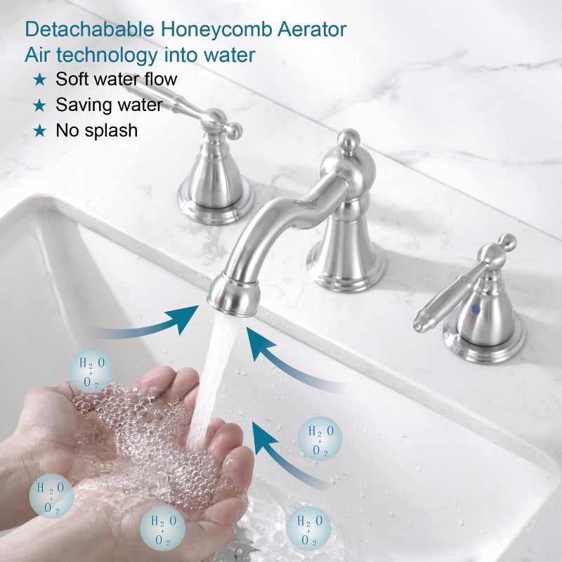 RKF Bathroom Faucets for Sink 3 Brushed Nickel 8 inch Widespread Bathroom Sink Faucet with Drain Double Lever Handle Faucet Bathroom Vanity Faucet Basin Mixer Tap WF013-BN - Image 2